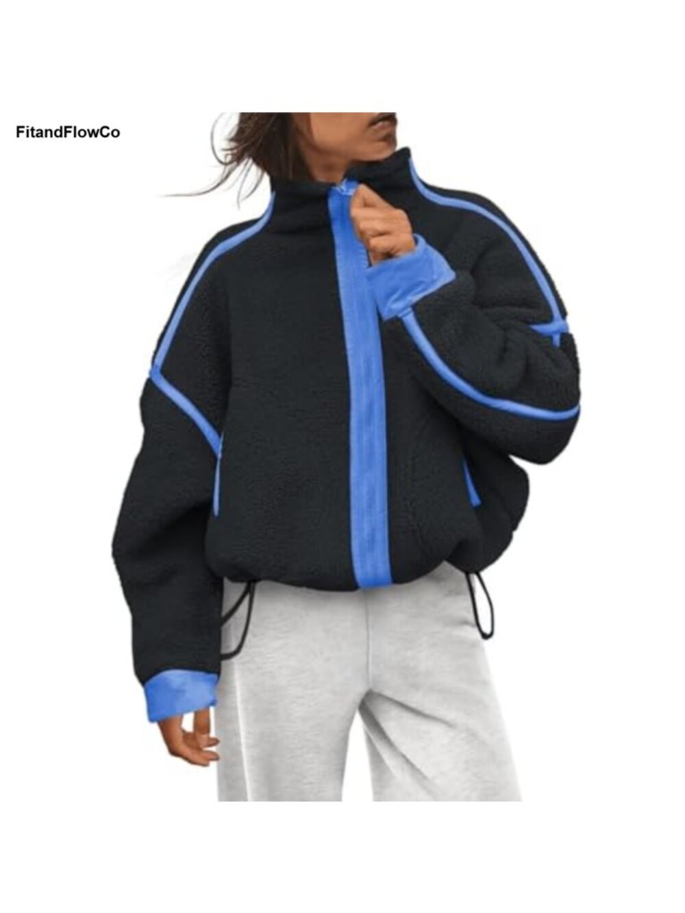 Sherpa Fleece Zip Up Cropped Jacket Cinch Waist Drawstring Women's Coat